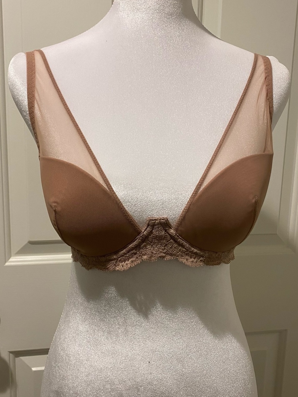 Fleur du Mal Sheer Lace-Trim Plunge Bra in Taupe